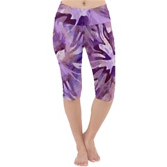 Plum Purple Abstract Floral Pattern Lightweight Velour Cropped Yoga Leggings by SpinnyChairDesigns