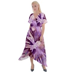 Plum Purple Abstract Floral Pattern Cross Front Sharkbite Hem Maxi Dress by SpinnyChairDesigns