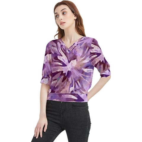 Plum Purple Abstract Floral Pattern Quarter Sleeve Blouse by SpinnyChairDesigns