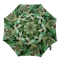 Green Brown Abstract Floral Pattern Hook Handle Umbrellas (large) by SpinnyChairDesigns