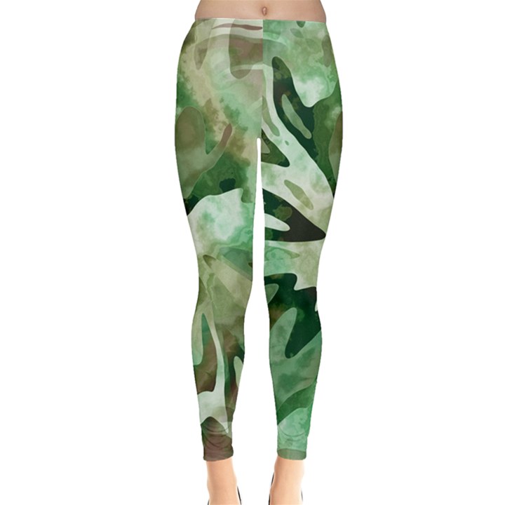 Green Brown Abstract Floral Pattern Leggings 