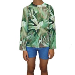 Green Brown Abstract Floral Pattern Kids  Long Sleeve Swimwear by SpinnyChairDesigns