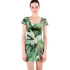 Green Brown Abstract Floral Pattern Short Sleeve Bodycon Dress by SpinnyChairDesigns