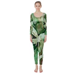 Green Brown Abstract Floral Pattern Long Sleeve Catsuit by SpinnyChairDesigns