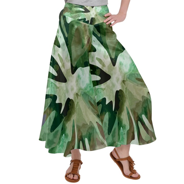 Green Brown Abstract Floral Pattern Satin Palazzo Pants