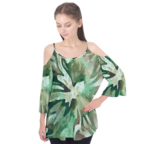 Green Brown Abstract Floral Pattern Flutter Tees by SpinnyChairDesigns