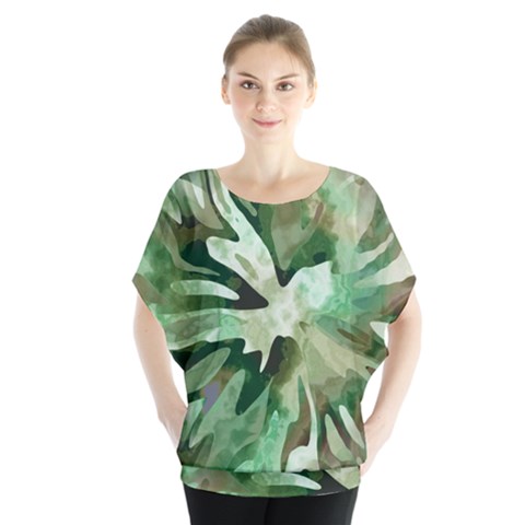 Green Brown Abstract Floral Pattern Batwing Chiffon Blouse by SpinnyChairDesigns