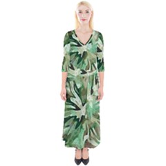 Green Brown Abstract Floral Pattern Quarter Sleeve Wrap Maxi Dress by SpinnyChairDesigns