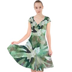 Green Brown Abstract Floral Pattern Cap Sleeve Front Wrap Midi Dress by SpinnyChairDesigns