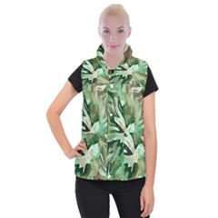 Green Brown Abstract Floral Pattern Women s Button Up Vest by SpinnyChairDesigns