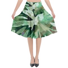 Green Brown Abstract Floral Pattern Flared Midi Skirt by SpinnyChairDesigns