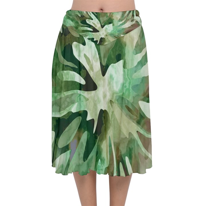 Green Brown Abstract Floral Pattern Velvet Flared Midi Skirt