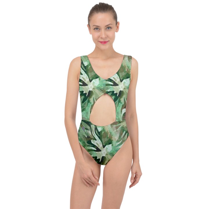 Green Brown Abstract Floral Pattern Center Cut Out Swimsuit