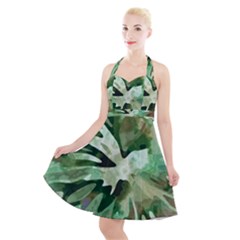 Green Brown Abstract Floral Pattern Halter Party Swing Dress  by SpinnyChairDesigns