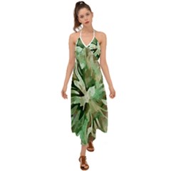 Green Brown Abstract Floral Pattern Halter Tie Back Dress  by SpinnyChairDesigns