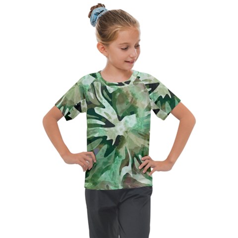 Green Brown Abstract Floral Pattern Kids  Mesh Piece Tee by SpinnyChairDesigns