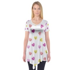 Cute Colorful Smiling Hearts Pattern Short Sleeve Tunic  by SpinnyChairDesigns