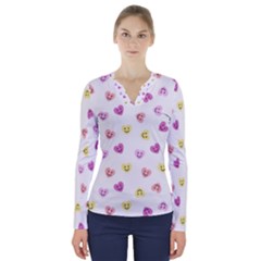 Cute Colorful Smiling Hearts Pattern V-neck Long Sleeve Top by SpinnyChairDesigns