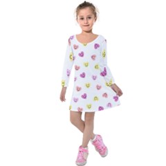 Cute Colorful Smiling Hearts Pattern Kids  Long Sleeve Velvet Dress by SpinnyChairDesigns