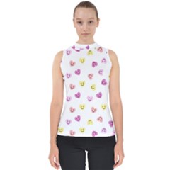 Cute Colorful Smiling Hearts Pattern Mock Neck Shell Top by SpinnyChairDesigns