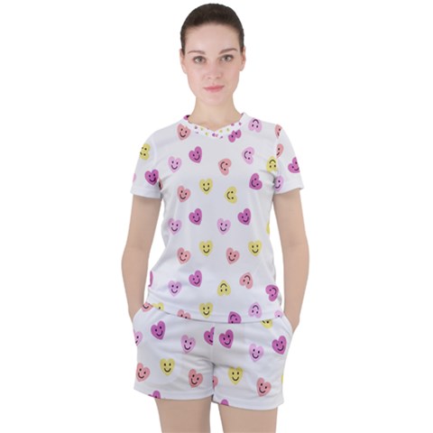 Cute Colorful Smiling Hearts Pattern Women s Tee And Shorts Set by SpinnyChairDesigns