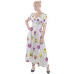 Cute Colorful Smiling Hearts Pattern Button Up Short Sleeve Maxi Dress by SpinnyChairDesigns