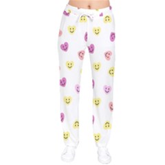 Cute Colorful Smiling Hearts Pattern Women Velvet Drawstring Pants by SpinnyChairDesigns