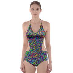 Abstract Rainbow Marble Camouflage Cut-out One Piece Swimsuit by SpinnyChairDesigns