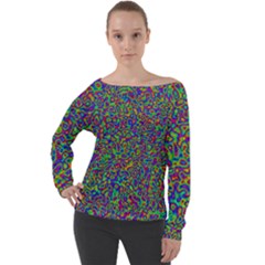 Abstract Rainbow Marble Camouflage Off Shoulder Long Sleeve Velour Top