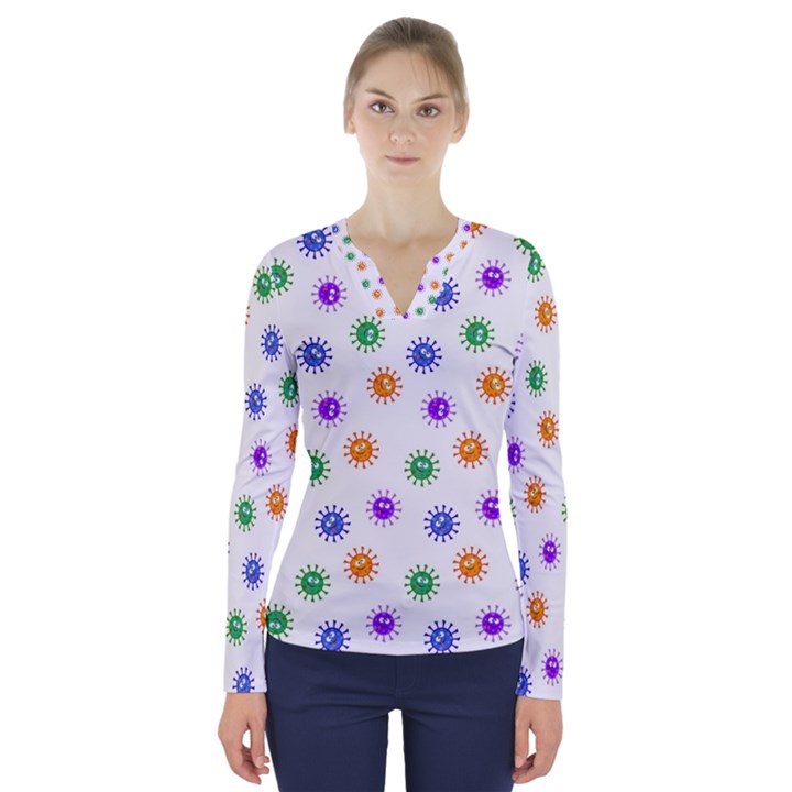 Cartoon Corona Virus Covid 19 V-Neck Long Sleeve Top