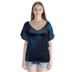 Dark Prussian Blue Abstract Pattern V-neck Flutter Sleeve Top by SpinnyChairDesigns