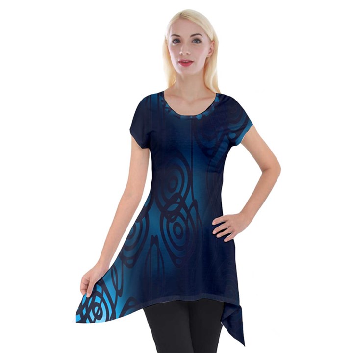 Dark Prussian Blue Abstract Pattern Short Sleeve Side Drop Tunic