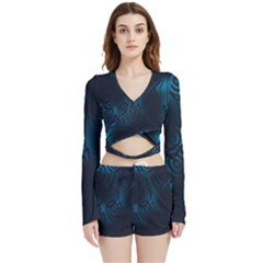 Dark Prussian Blue Abstract Pattern Velvet Wrap Crop Top by SpinnyChairDesigns