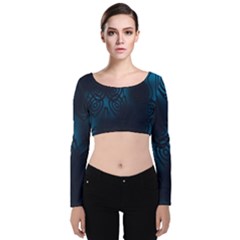 Dark Prussian Blue Abstract Pattern Velvet Long Sleeve Crop Top by SpinnyChairDesigns