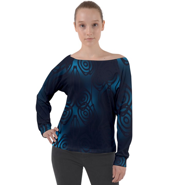 Dark Prussian Blue Abstract Pattern Off Shoulder Long Sleeve Velour Top