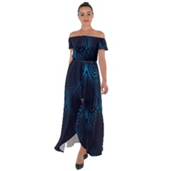 Dark Prussian Blue Abstract Pattern Off Shoulder Open Front Chiffon Dress by SpinnyChairDesigns