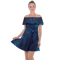 Dark Prussian Blue Abstract Pattern Off Shoulder Velour Dress by SpinnyChairDesigns