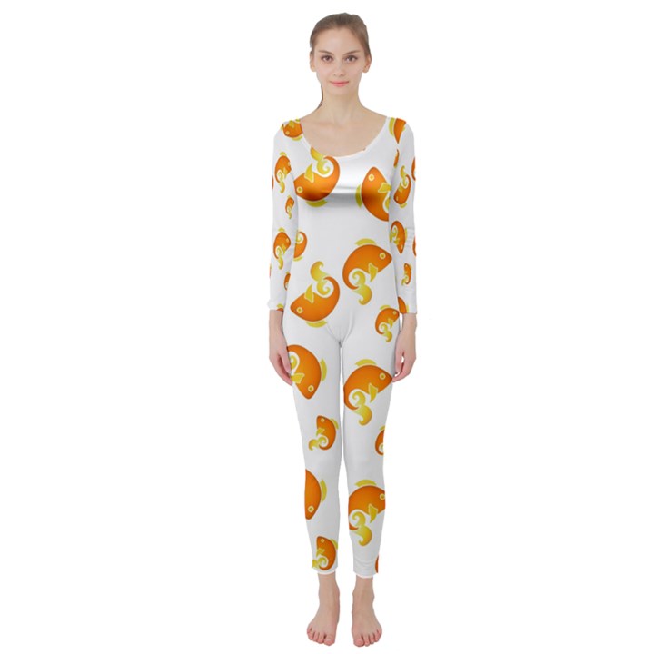 Orange Goldfish Pattern Long Sleeve Catsuit