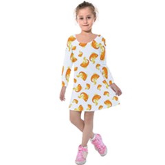 Orange Goldfish Pattern Kids  Long Sleeve Velvet Dress by SpinnyChairDesigns