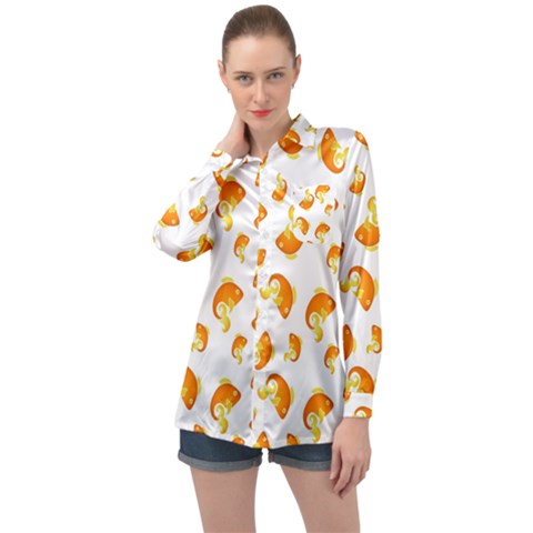 Orange Goldfish Pattern Long Sleeve Satin Shirt by SpinnyChairDesigns