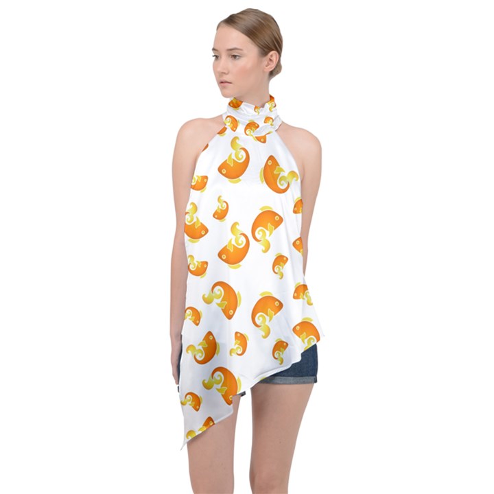 Orange Goldfish Pattern Halter Asymmetric Satin Top