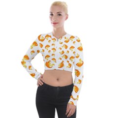 Orange Goldfish Pattern Long Sleeve Cropped Velvet Jacket by SpinnyChairDesigns