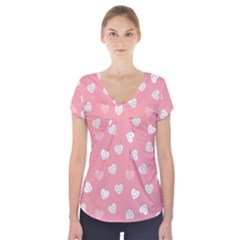 Cute Pink And White Hearts Short Sleeve Front Detail Top by SpinnyChairDesigns