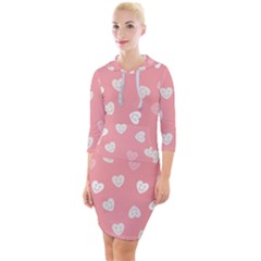 Cute Pink And White Hearts Quarter Sleeve Hood Bodycon Dress by SpinnyChairDesigns