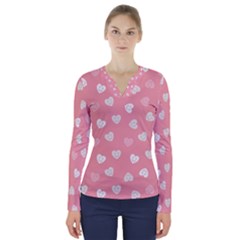 Cute Pink And White Hearts V-neck Long Sleeve Top by SpinnyChairDesigns