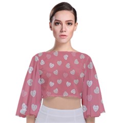 Cute Pink And White Hearts Tie Back Butterfly Sleeve Chiffon Top by SpinnyChairDesigns