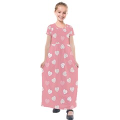 Cute Pink And White Hearts Kids  Short Sleeve Maxi Dress by SpinnyChairDesigns