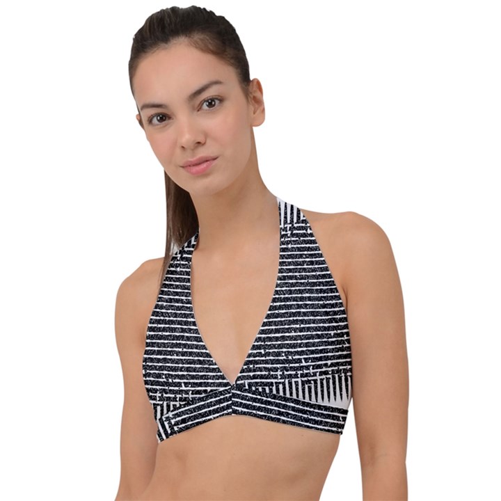 Black and White Abstract Grunge Stripes Halter Plunge Bikini Top