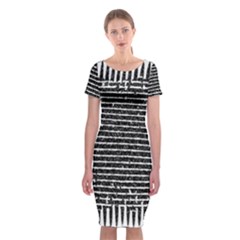 Black And White Abstract Grunge Stripes Classic Short Sleeve Midi Dress by SpinnyChairDesigns