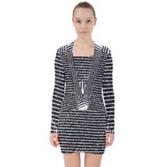 Black And White Abstract Grunge Stripes V-neck Bodycon Long Sleeve Dress by SpinnyChairDesigns